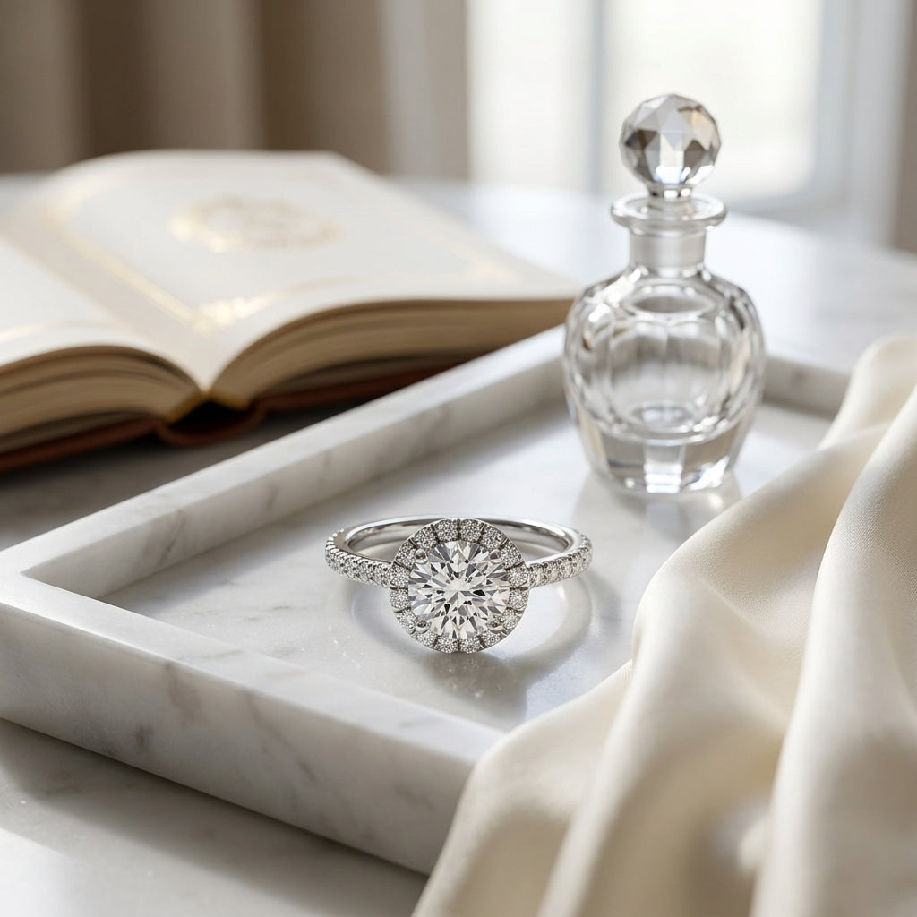 1 3/8ctw Round Diamond Halo Engagement Ring With Pave Shank In 14k White Gold, Igi-certified — atelier still life