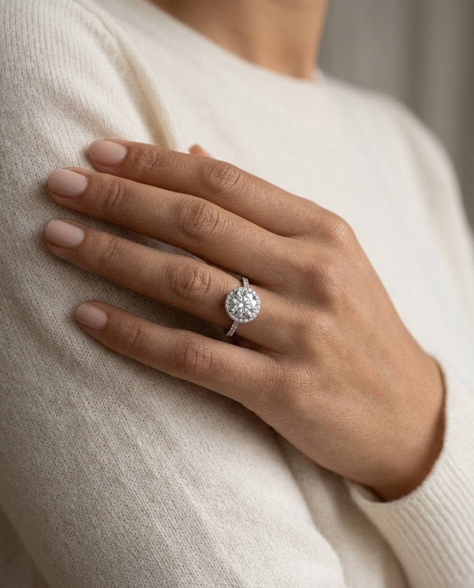 1 3/8ctw Round Diamond Halo Engagement Ring With Pave Shank In 14k White Gold, Igi-certified — editorial close-up