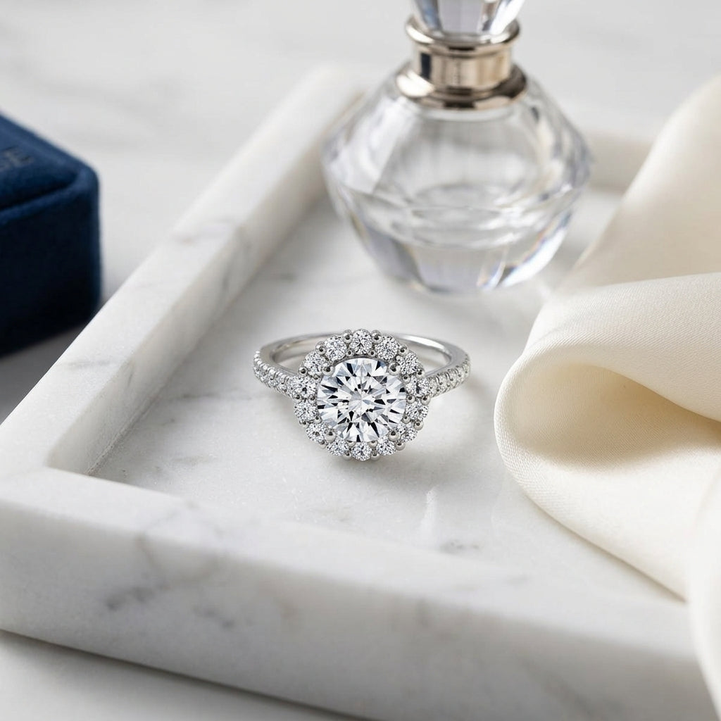 1 5/8ctw Round Diamond Halo Engagement Ring With Pave Shank In 14k White Gold, Igi-certified — atelier still life