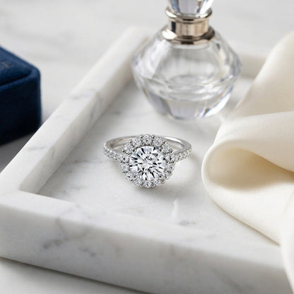 1 5/8ctw Round Diamond Halo Engagement Ring With Pave Shank In 14k White Gold, Igi-certified — atelier still life