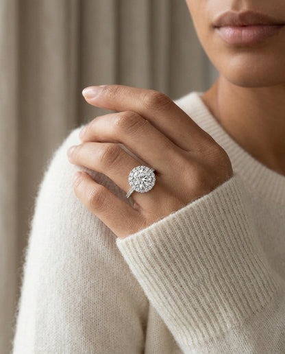 1 5/8ctw Round Diamond Halo Engagement Ring With Pave Shank In 14k White Gold, Igi-certified — editorial close-up