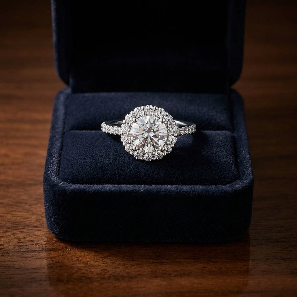 1 5/8ctw Round Diamond Halo Engagement Ring With Pave Shank In 14k White Gold, Igi-certified — gift presentation