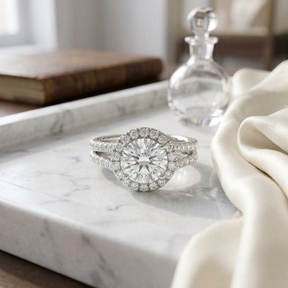 1 7/8ctw Round Diamond Halo Engagement Ring With A Split Shank In 14k White Gold, Igi-certified — atelier still life