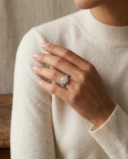 1 7/8ctw Round Diamond Halo Engagement Ring With A Split Shank In 14k White Gold, Igi-certified — editorial close-up