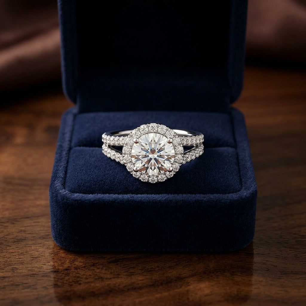 1 7/8ctw Round Diamond Halo Engagement Ring With A Split Shank In 14k White Gold, Igi-certified — gift presentation