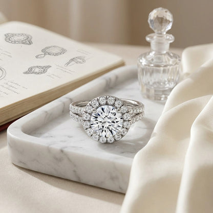 1 2/3ctw Round Diamond Halo Engagement Ring With A Split Shank In 14k White Gold, Igi-certified — atelier still life