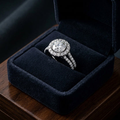1 2/3ctw Round Diamond Halo Engagement Ring With A Split Shank In 14k White Gold, Igi-certified — gift presentation