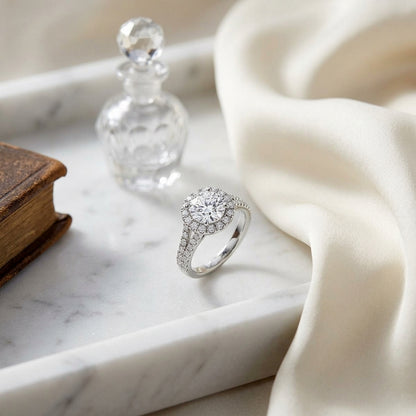 1 1/2ctw Round Diamond Halo Engagement Ring With Semi-split Shank In 14k White Gold, Igi-certified — atelier still life