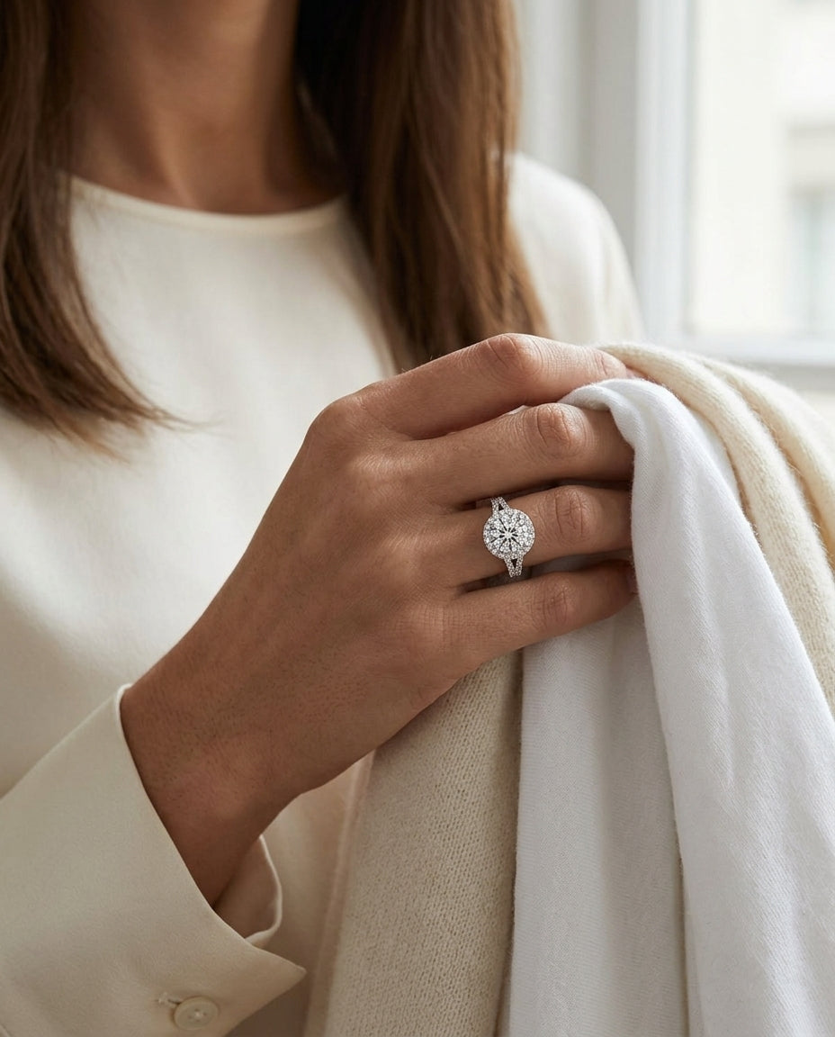 1 1/2ctw Round Diamond Halo Engagement Ring With Semi-split Shank In 14k White Gold, Igi-certified — editorial close-up
