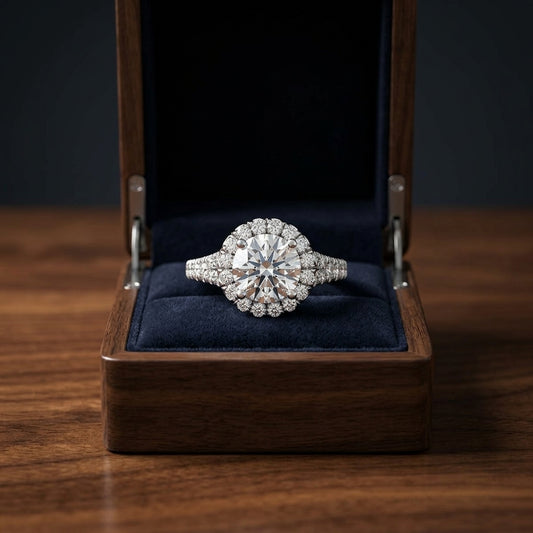 1 1/2ctw Round Diamond Halo Engagement Ring With Semi-split Shank In 14k White Gold, Igi-certified — gift presentation