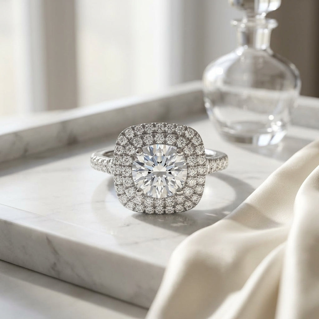 1 1/2ctw Round Diamond Double Square Halo Engagement Ring With Pave Shank In 14k White Gold, Igi-certified — atelier still life