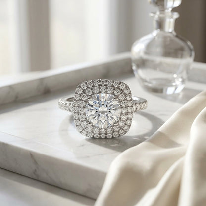 1 1/2ctw Round Diamond Double Square Halo Engagement Ring With Pave Shank In 14k White Gold, Igi-certified — atelier still life