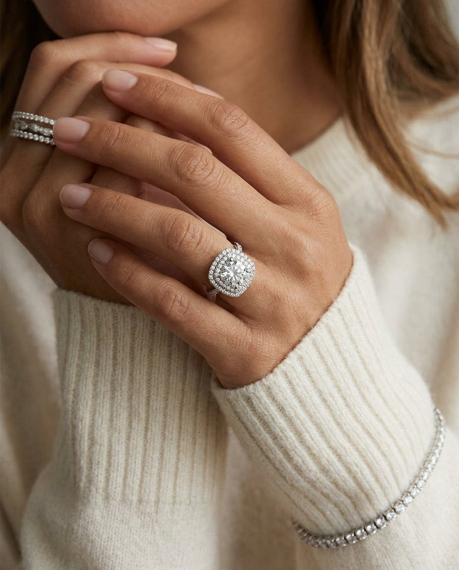 1 1/2ctw Round Diamond Double Square Halo Engagement Ring With Pave Shank In 14k White Gold, Igi-certified — editorial close-up