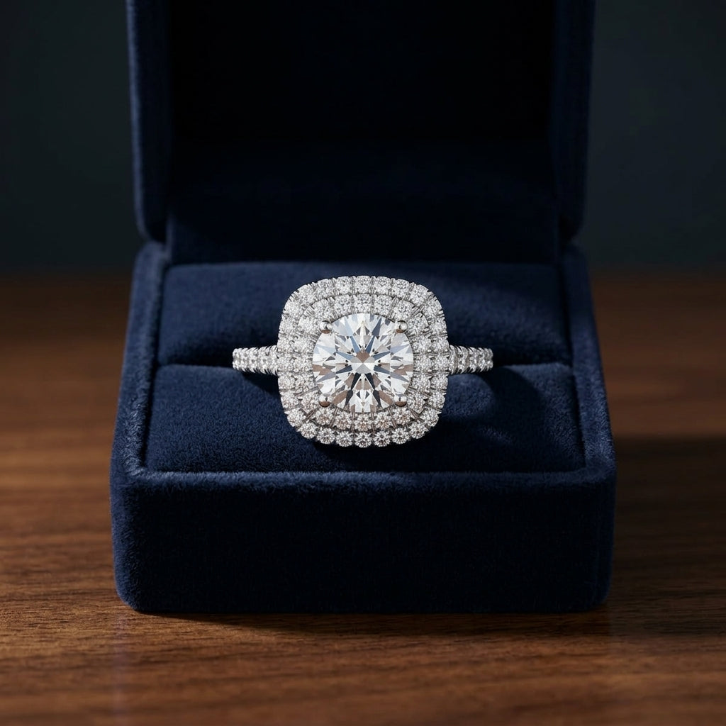 1 1/2ctw Round Diamond Double Square Halo Engagement Ring With Pave Shank In 14k White Gold, Igi-certified — gift presentation