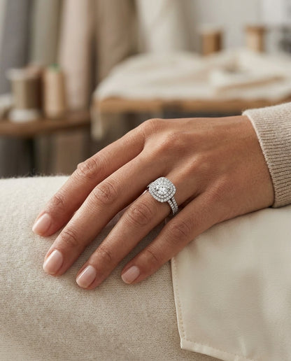 1 4/5ctw Round Diamond Double Square Halo Engagement Ring With Pave Split Shank In 14k White Gold, Igi-certified — editorial close-up