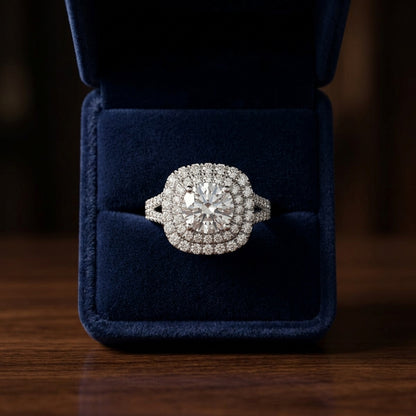 1 4/5ctw Round Diamond Double Square Halo Engagement Ring With Pave Split Shank In 14k White Gold, Igi-certified — gift presentation