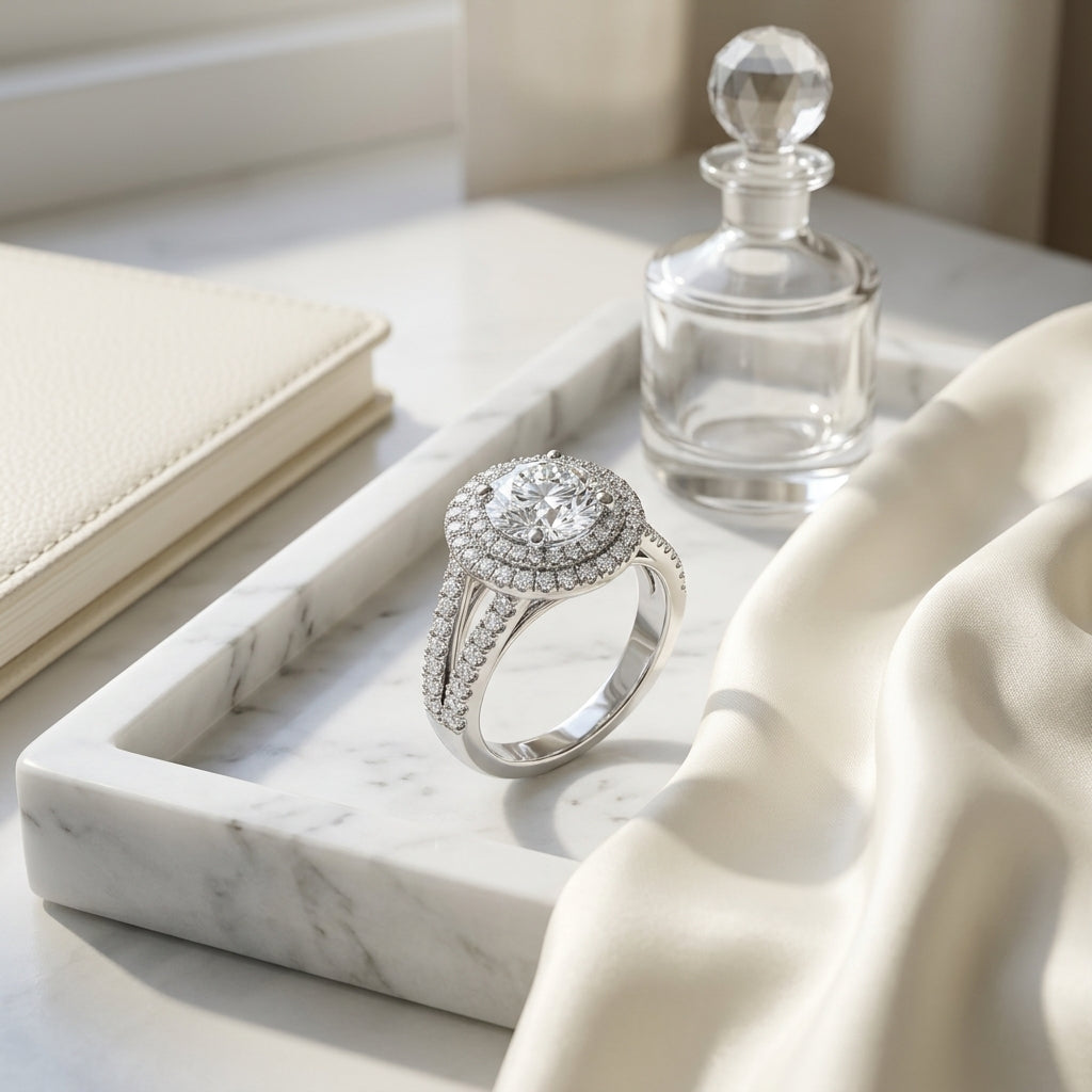1 9/10ctw Round Diamond Double Halo Engagement Ring With Split Pave Shank In 14k White Gold, Igi-certified — atelier still life