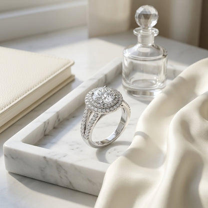 1 9/10ctw Round Diamond Double Halo Engagement Ring With Split Pave Shank In 14k White Gold, Igi-certified — atelier still life
