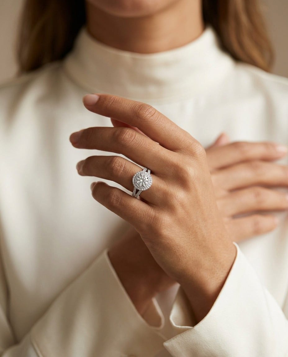 1 9/10ctw Round Diamond Double Halo Engagement Ring With Split Pave Shank In 14k White Gold, Igi-certified — editorial close-up