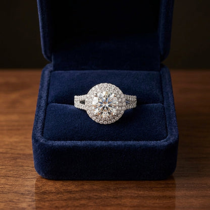 1 9/10ctw Round Diamond Double Halo Engagement Ring With Split Pave Shank In 14k White Gold, Igi-certified — gift presentation