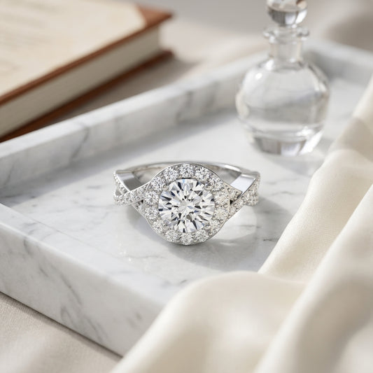 1 3/4ctw Round Diamond Halo Engagement Ring With Infinity  Shank In 14k White Gold, Igi-certified — atelier still life