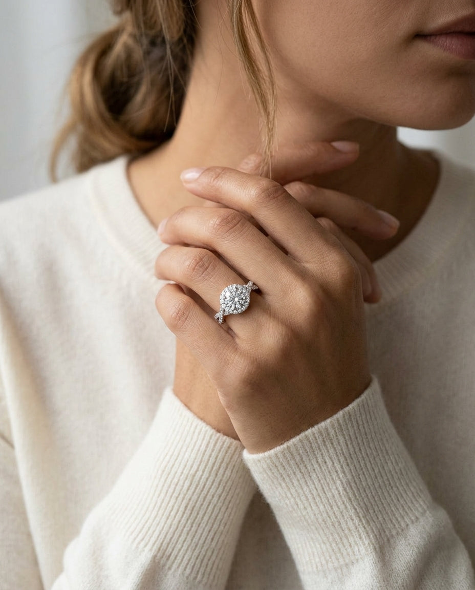 1 3/4ctw Round Diamond Halo Engagement Ring With Infinity  Shank In 14k White Gold, Igi-certified — editorial close-up