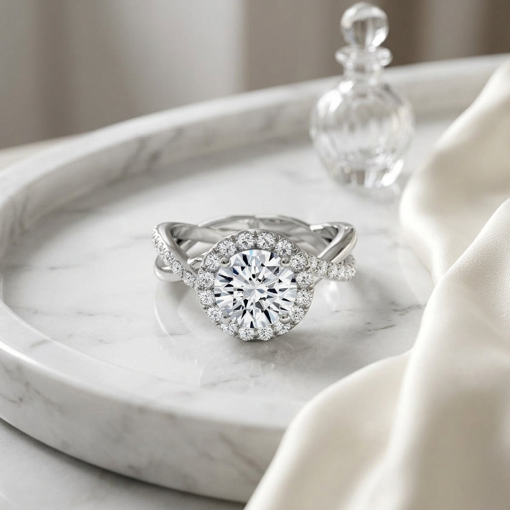 1 3/8ctw Round Diamond Halo Engagement Ring With Infinity  Shank In 14k White Gold, Igi-certified — atelier still life