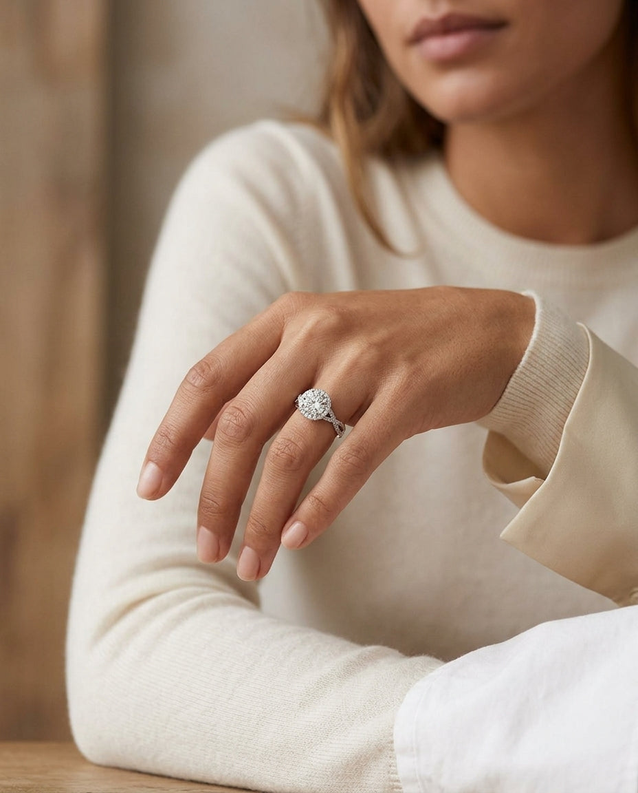 1 3/8ctw Round Diamond Halo Engagement Ring With Infinity  Shank In 14k White Gold, Igi-certified — editorial close-up