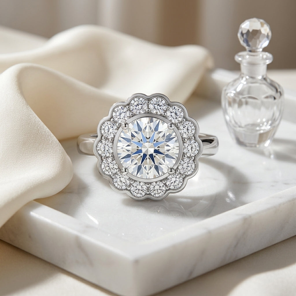 Floral Diamond Halo with Ruby Round Center in 14K White Gold - lifestyle