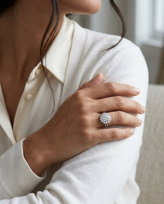 Floral Diamond Halo with Ruby Round Center in 14K White Gold - editorial hero