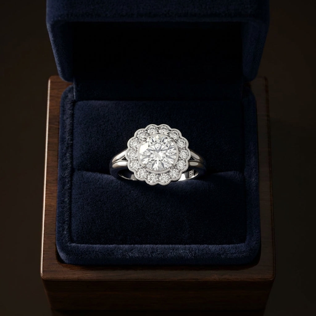 Floral Diamond Halo with Ruby Round Center in 14K White Gold - presentation