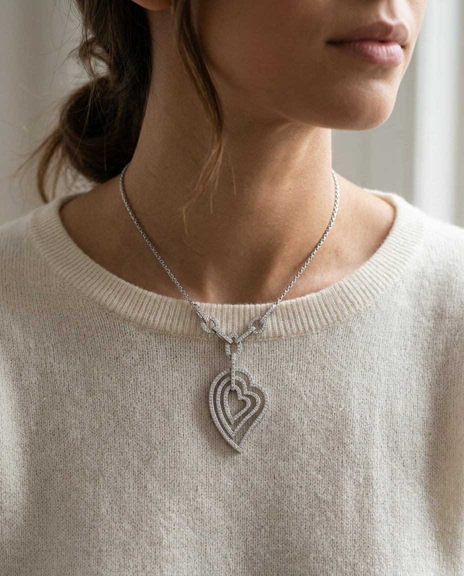 Diamond Concentric Hearts Y-necklace In 14k White Gold — editorial close-up