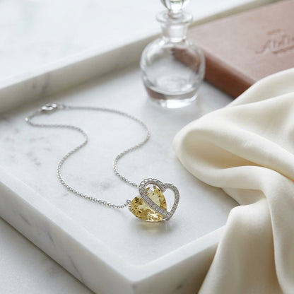 Citrine And Diamond Double Heart Necklace In 14k White Gold (18-in Curb Chain) — atelier still life