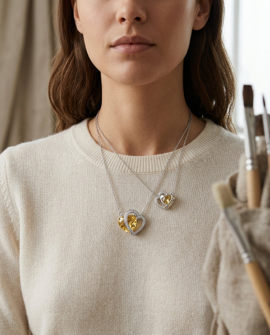 Citrine And Diamond Double Heart Necklace In 14k White Gold (18-in Curb Chain) — editorial close-up