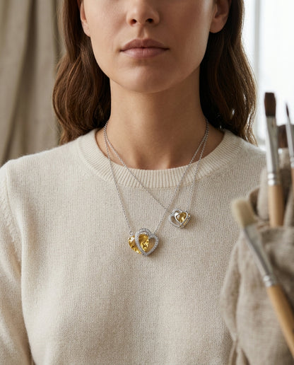 Citrine And Diamond Double Heart Necklace In 14k White Gold (18-in Curb Chain) — editorial close-up
