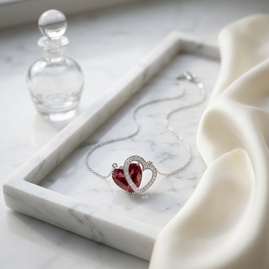 Garnet & Diamond Heart Shaped Pendant In 14k White Gold — atelier still life