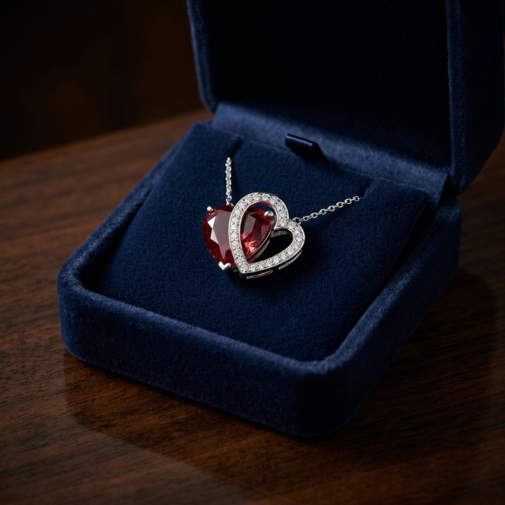 Garnet & Diamond Heart Shaped Pendant In 14k White Gold — gift presentation