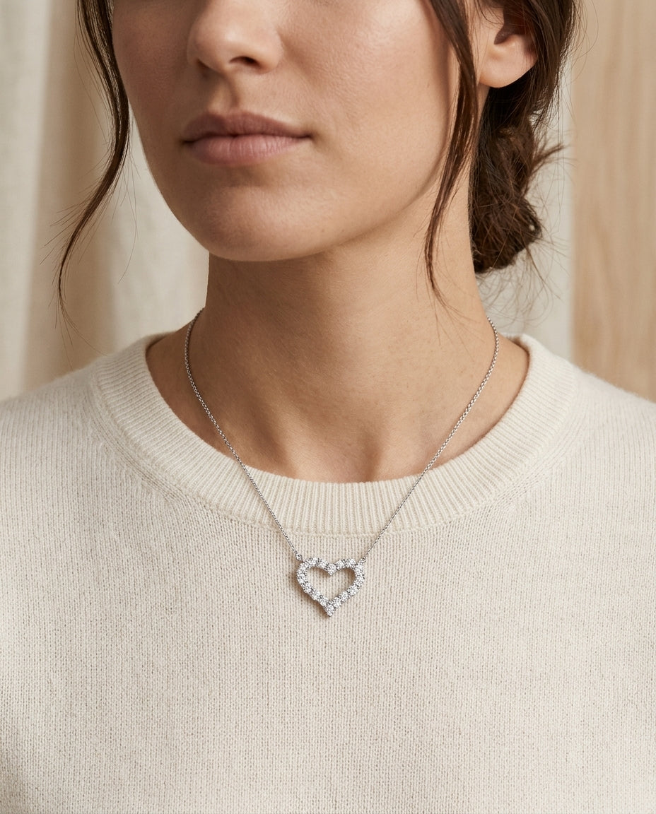 Diamond Prong-set Heart Necklace In 14k White Gold — editorial close-up