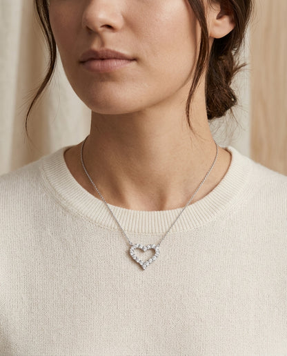 Diamond Prong-set Heart Necklace In 14k White Gold — editorial close-up