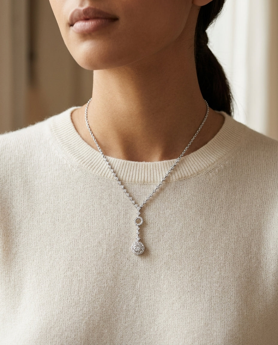 Diamond Cluster Y-necklace In 14k White Gold — editorial close-up