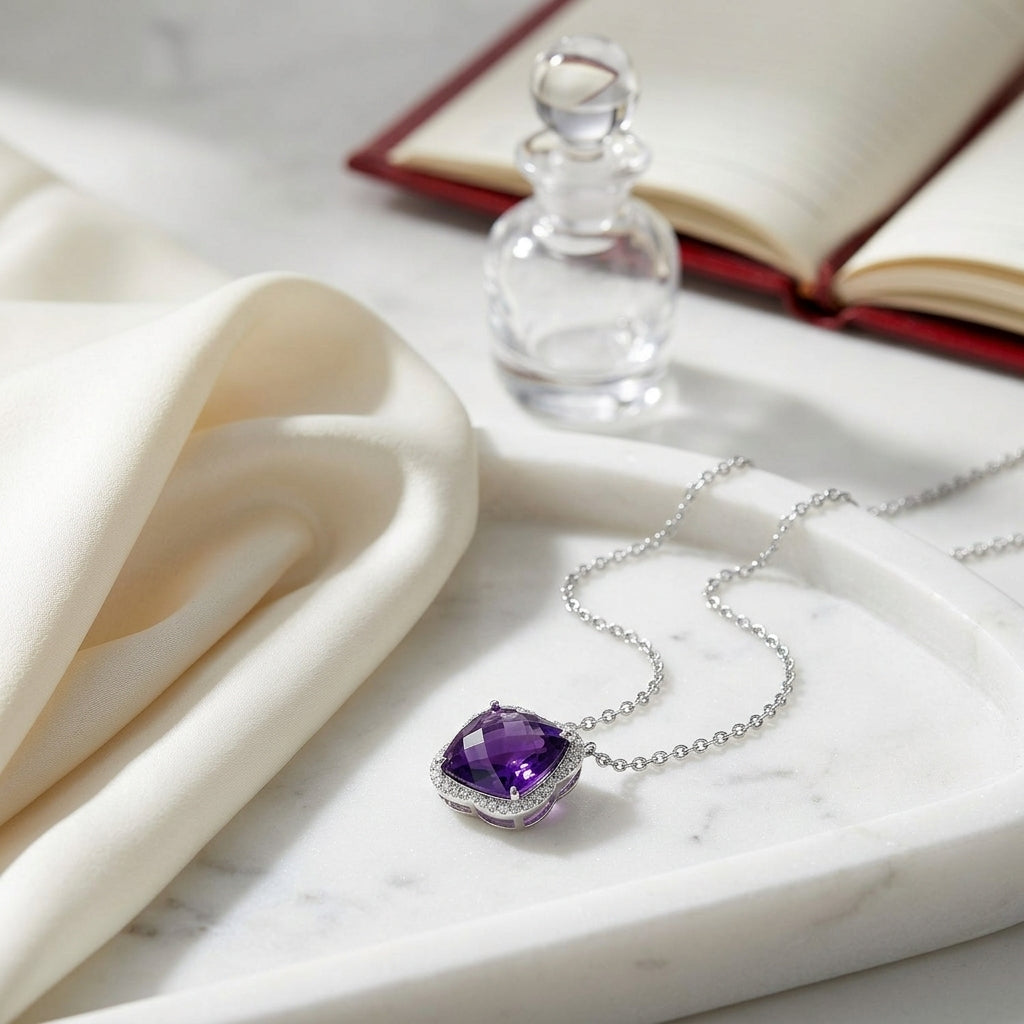 Amethyst And Diamond Scalloped Framed Necklace In 14k White Gold (17-inch Rolo Chain) — atelier still life