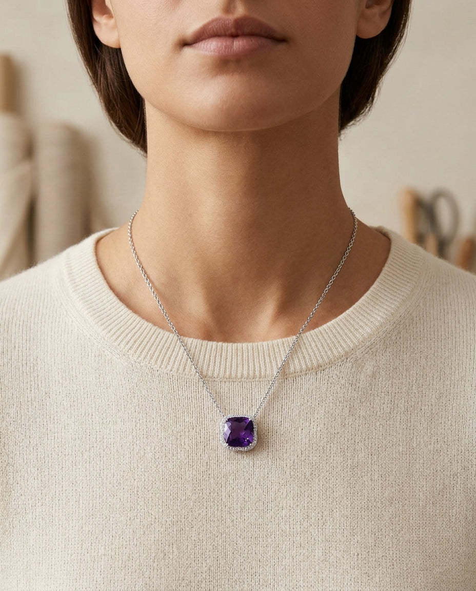 Amethyst And Diamond Scalloped Framed Necklace In 14k White Gold (17-inch Rolo Chain) — editorial close-up