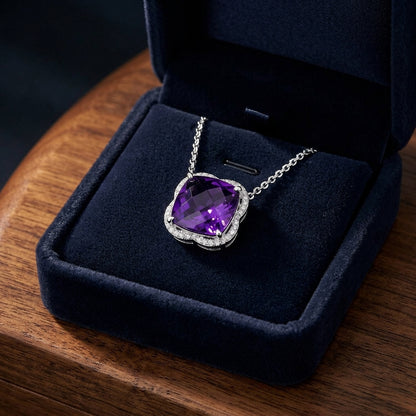 Amethyst And Diamond Scalloped Framed Necklace In 14k White Gold (17-inch Rolo Chain) — gift presentation