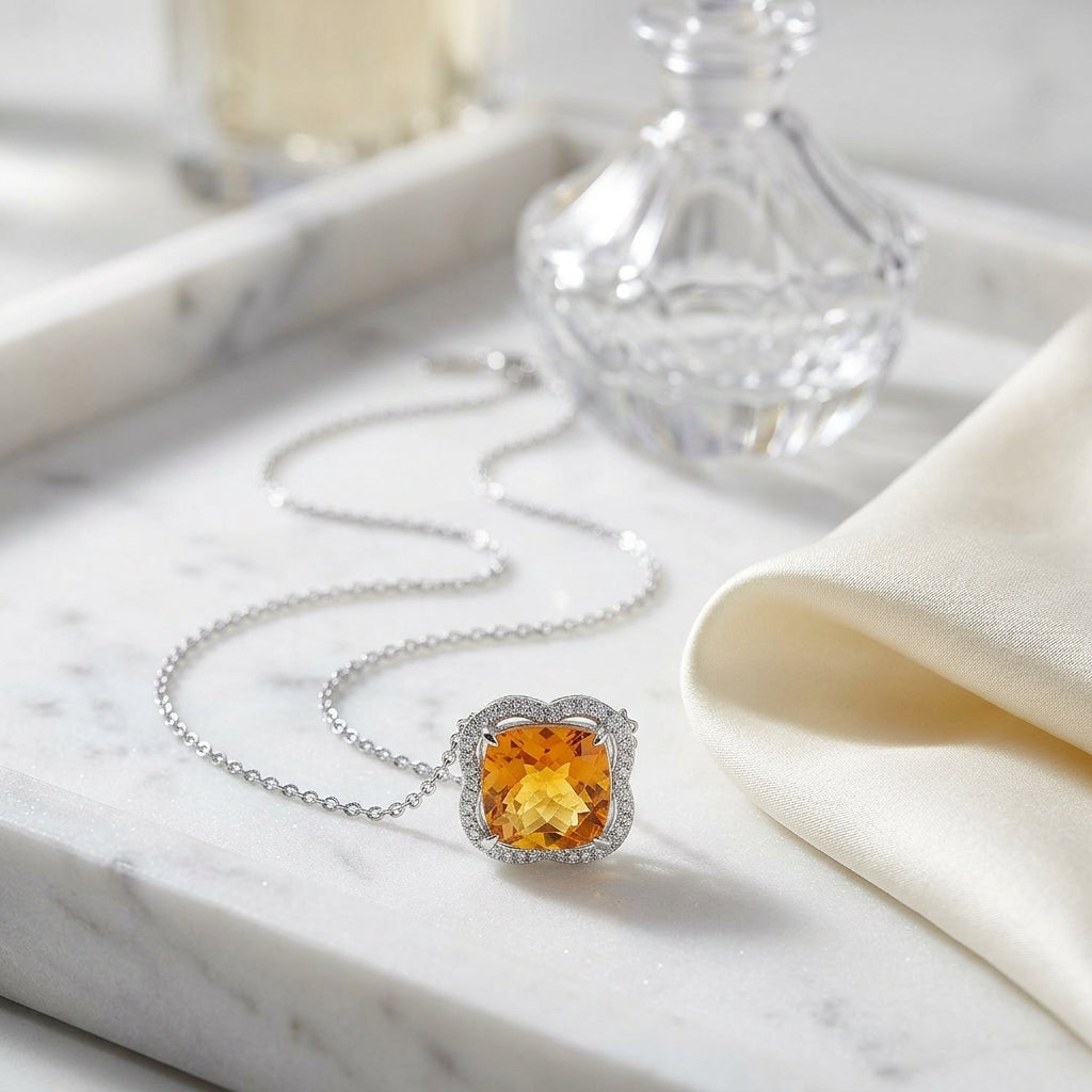 Citrine And Diamond Scalloped Framed Necklace In 14k White Gold (18-inch Rolo Chain) — atelier still life