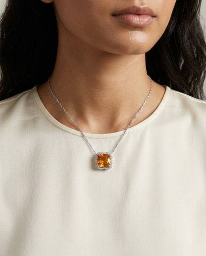 Citrine And Diamond Scalloped Framed Necklace In 14k White Gold (18-inch Rolo Chain) — editorial close-up