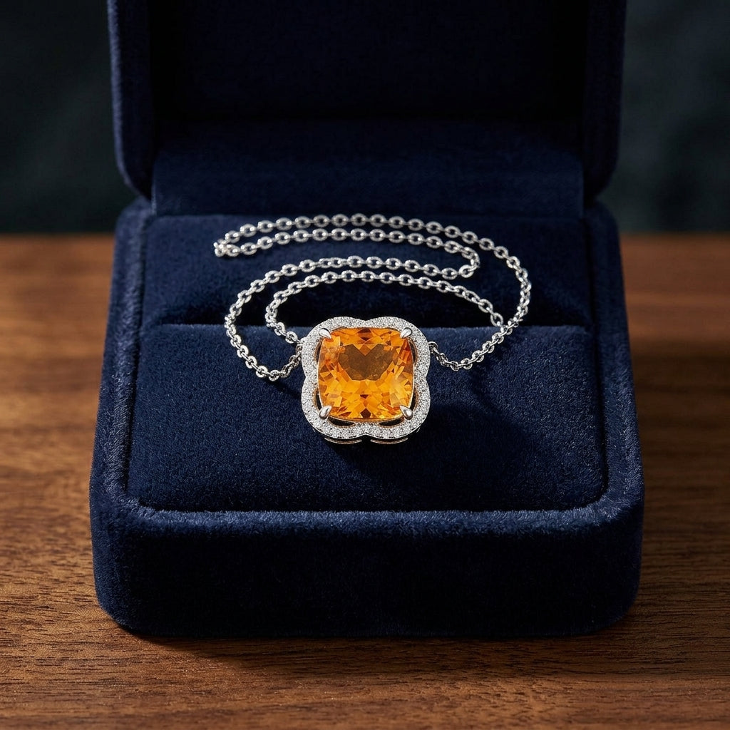 Citrine And Diamond Scalloped Framed Necklace In 14k White Gold (18-inch Rolo Chain) — gift presentation