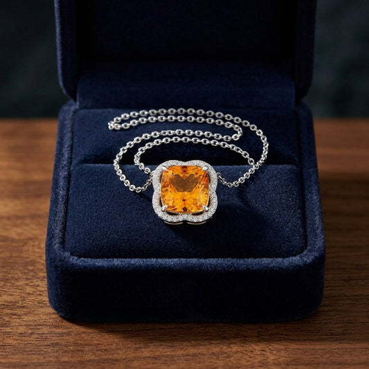 Citrine And Diamond Scalloped Framed Necklace In 14k White Gold (18-inch Rolo Chain) — gift presentation