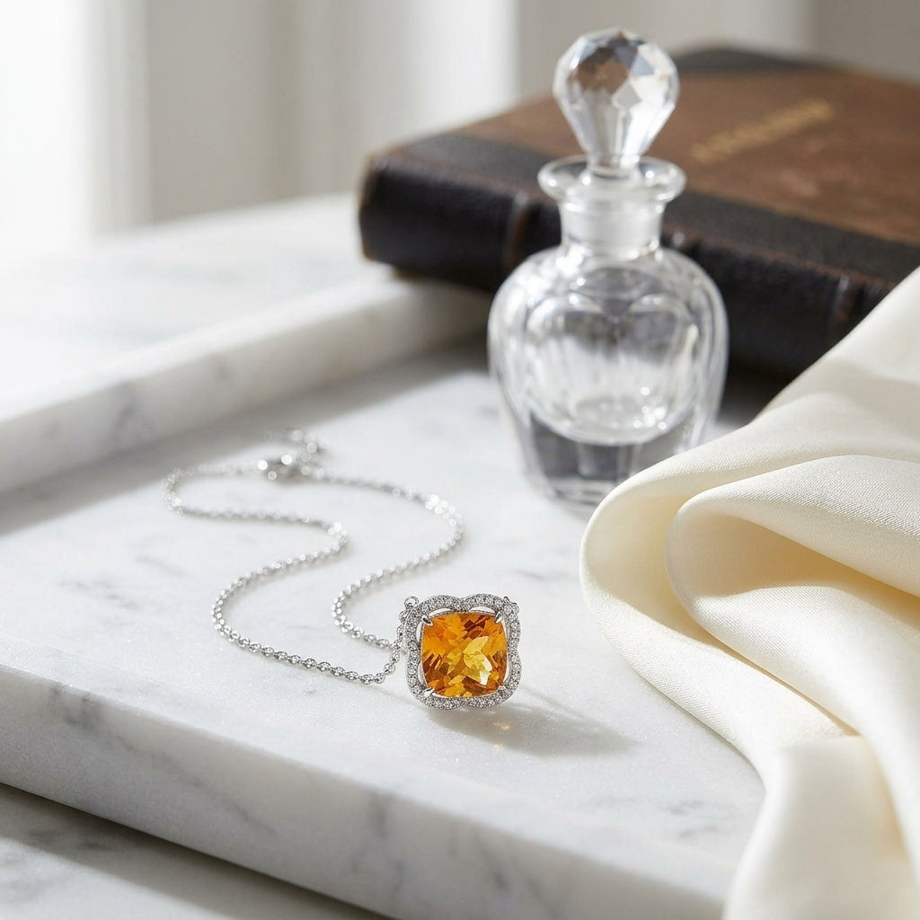Citrine And Diamond Scalloped Framed Necklace In 14k White Gold (17-inch Rolo Chain) — atelier still life