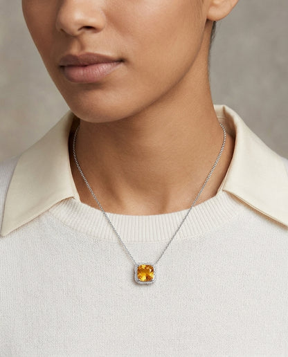 Citrine And Diamond Scalloped Framed Necklace In 14k White Gold (17-inch Rolo Chain) — editorial close-up