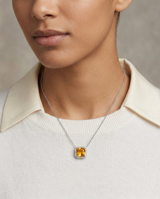 Citrine And Diamond Scalloped Framed Necklace In 14k White Gold (17-inch Rolo Chain) — editorial close-up